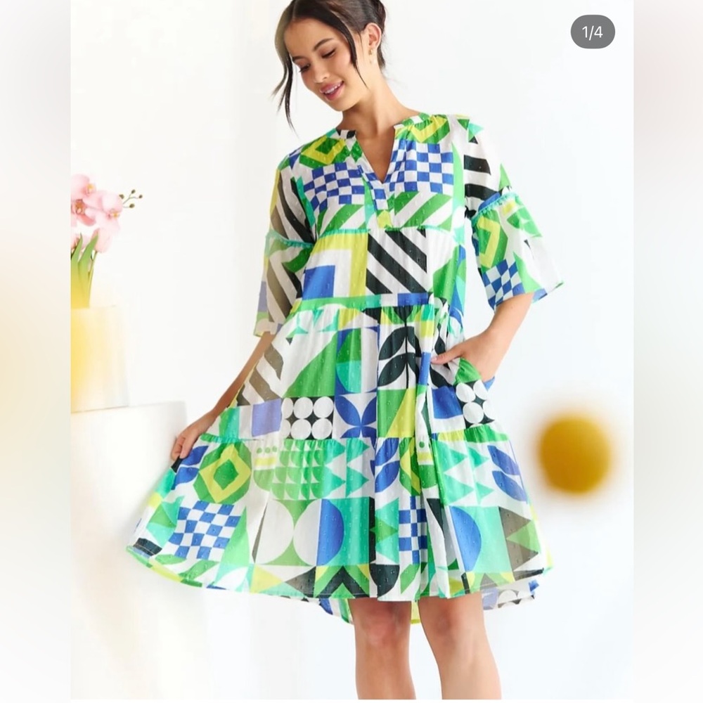 Geometric Patterned Swiss Dot Green and Blue Dress